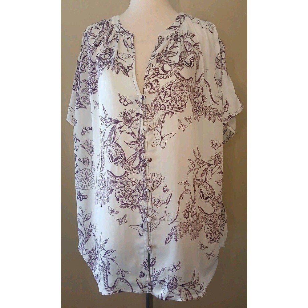 7 for all mankind Blouse Sz L White Purple Floral Butterfly Print $198 NWT